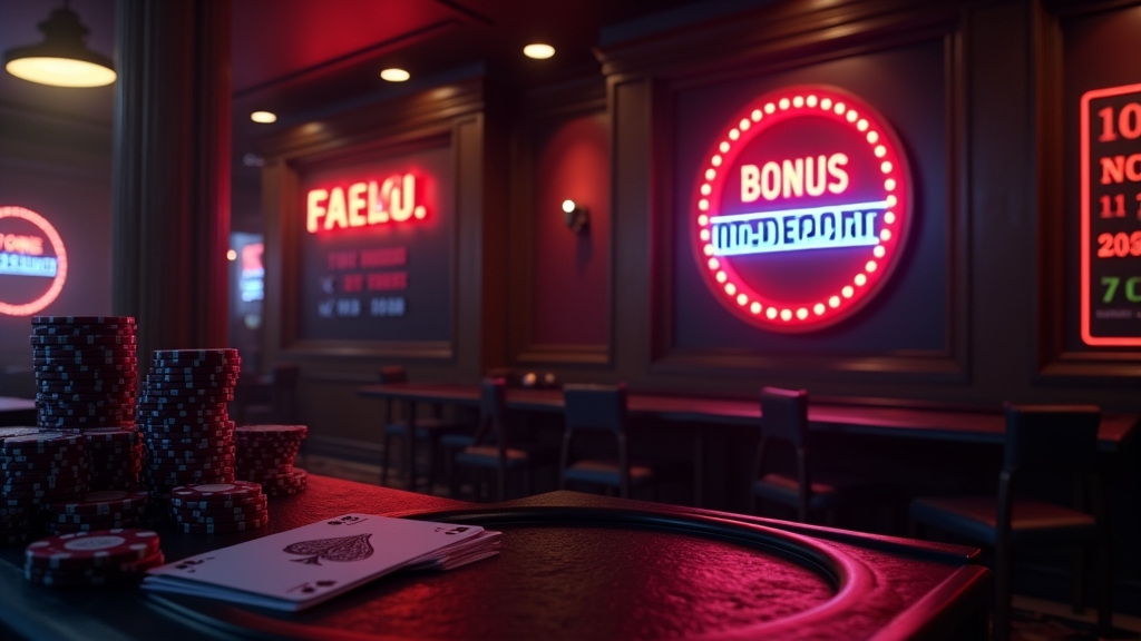 Casinozaal met bonusbord en no-deposit aanbieding in neongloed