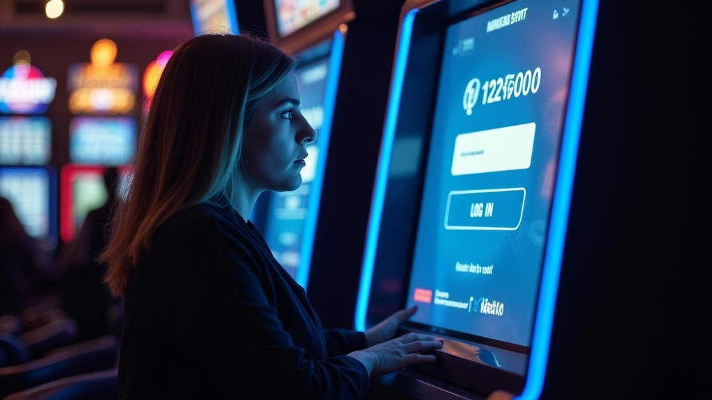 Een speler probeert opnieuw in te loggen bij een donkere casinokiosk met foutmelding.
