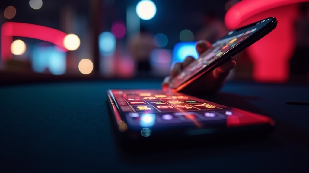 Smartphone met een mobiel casino-overzicht in een donkere lounge