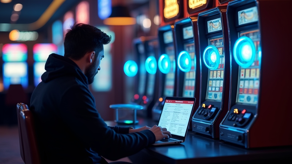 Een speler voltooit de registratie naast een laptop in een donkere casinoroom.